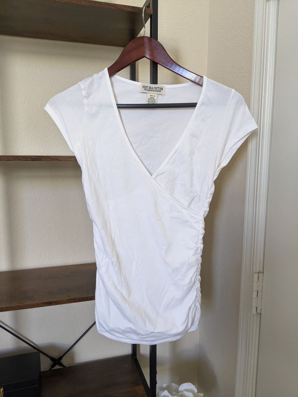 Next Era Couture XS White Ruched Surplice Cap Sleeve Top Deep V Neck